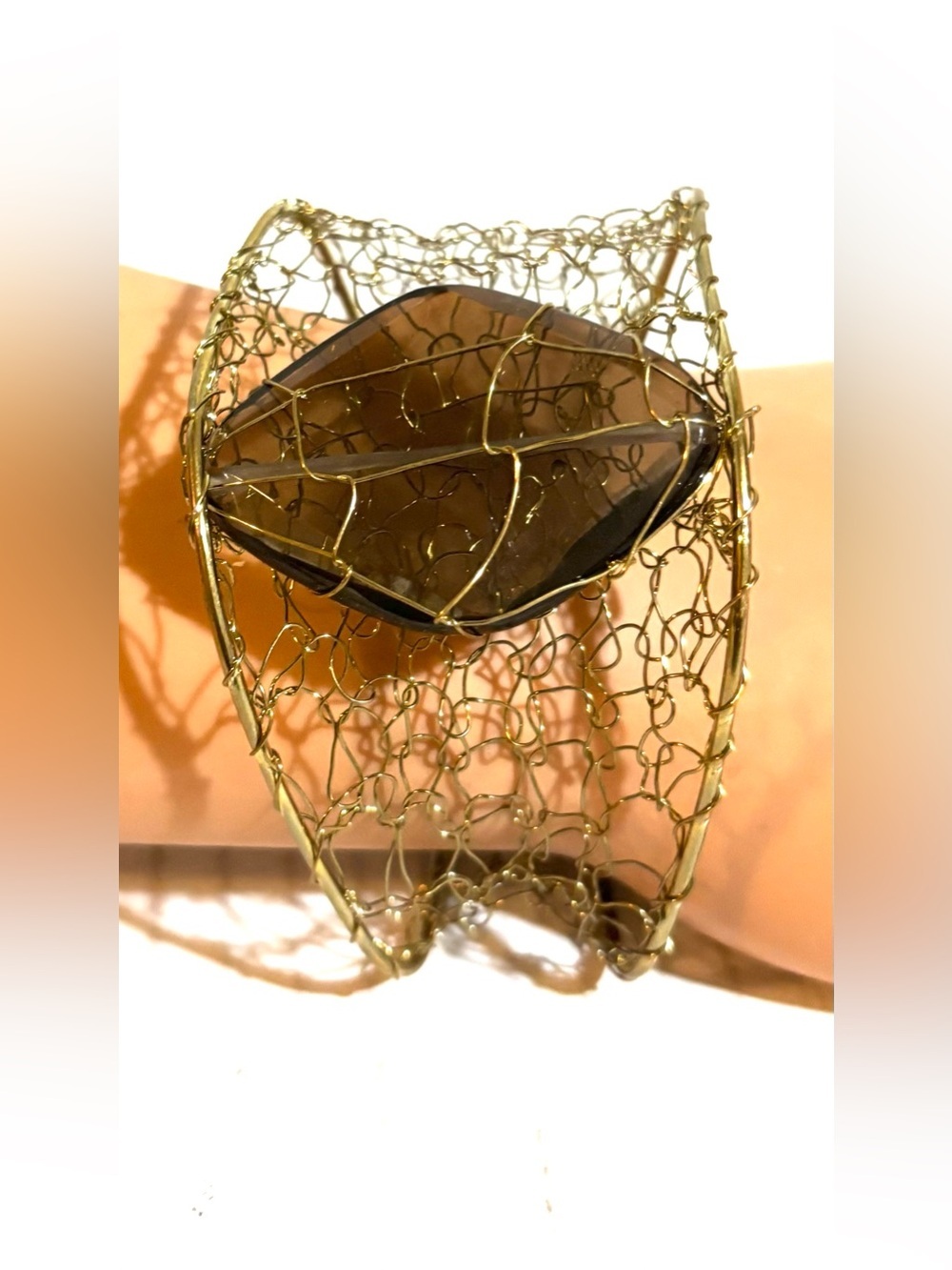 Gold Wire Mesh Cuff Bracelet with Smoky Brown Stone
